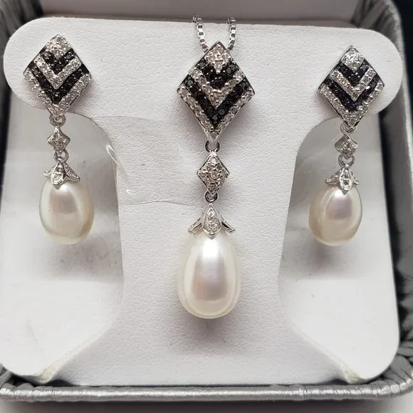 Cultured Pearl Ring/Necklace/Earring SET CFWP SS 1/3 CT - Picture 3 of 7